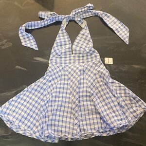 Blue and White Checkered Halter Dress